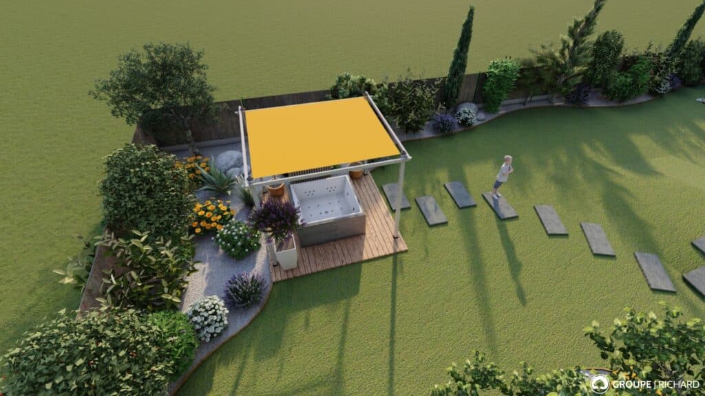 Conception d'un aménagement paysager avec un spa, une pergola et des pas japonais par les paysagistes concepteurs du Groupe J.Richard