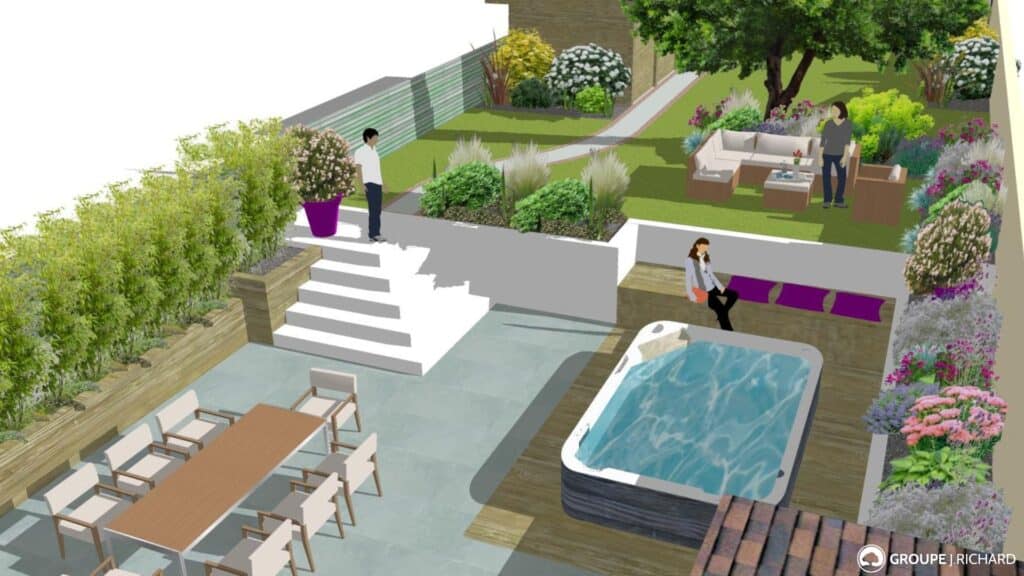 Une conception de jardin avec un spa réalisée par les professionnels du paysage du Groupe J.Richard