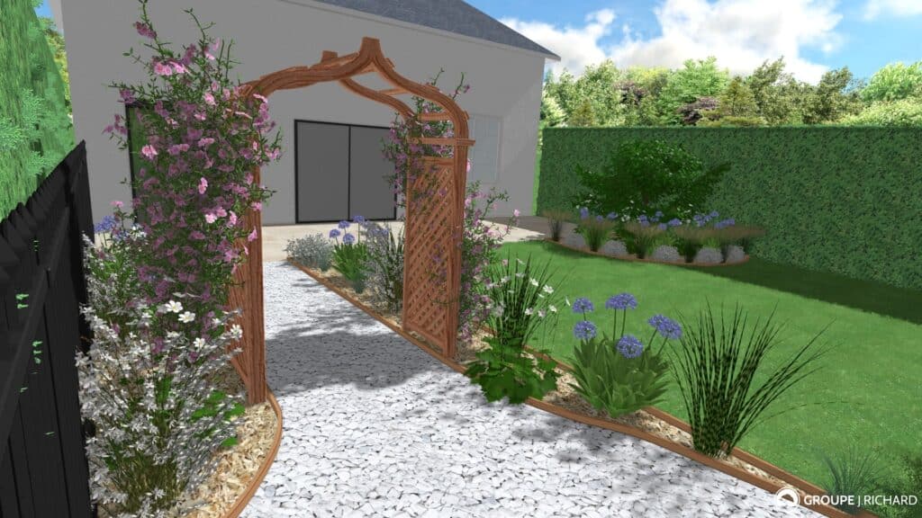 Conception d'un jardin avec une arche et une allée fleurie