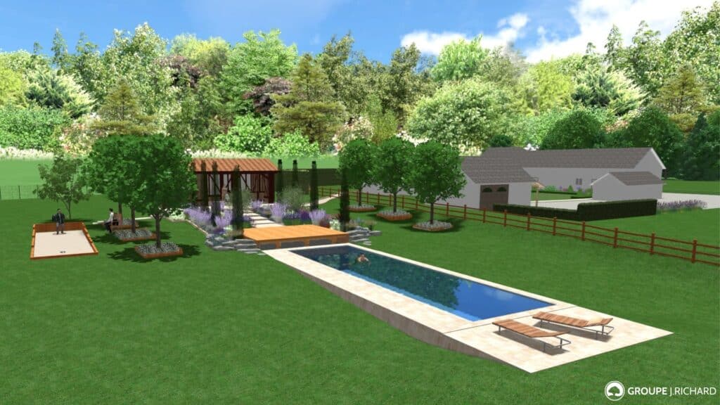 Conception d'un jardin avec un pool house et un terrain de pétanque