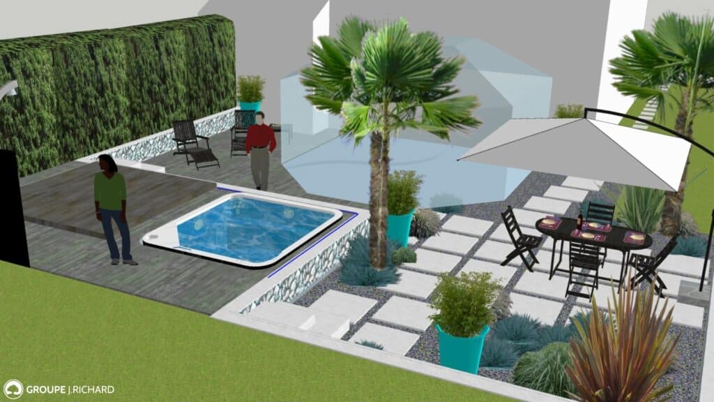 Un aménagement paysager pour votre jardin avec un spa par le Groupe J.Richard