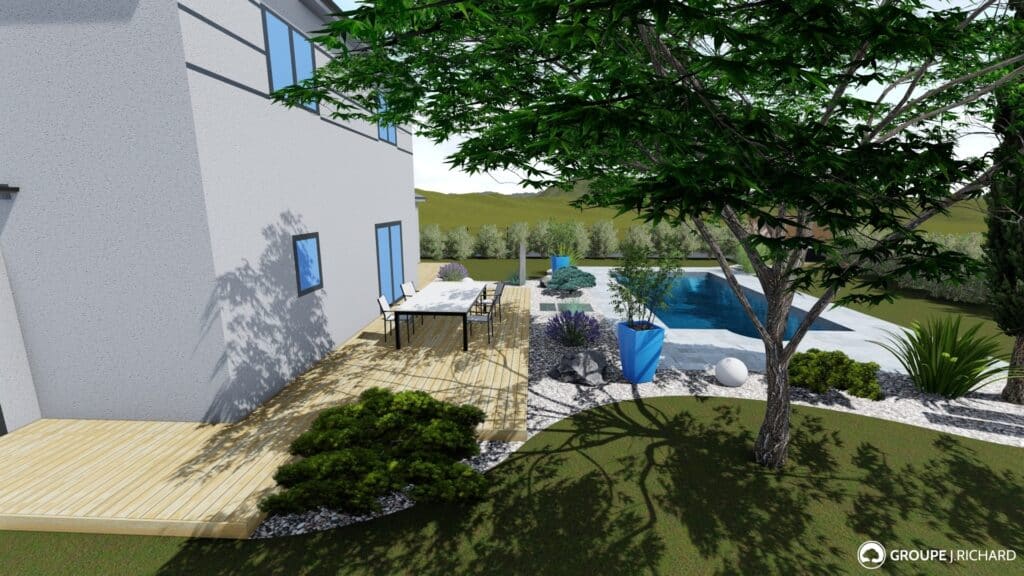 Conception d'un jardin avec une terrasse bois, une piscine et des plantations