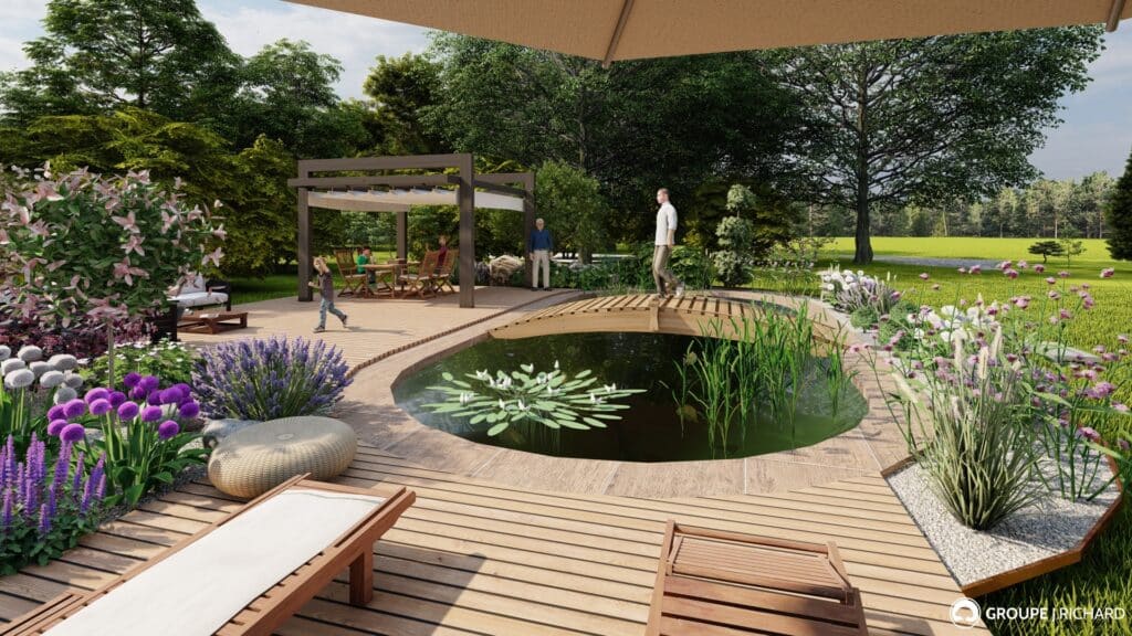 Réalisation d'une conception paysagère d'un jardin avec un bassin
