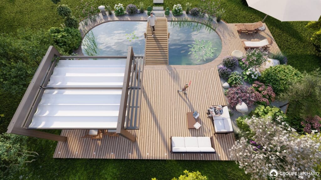 Conception d'un jardin avec une terrasse bois, une pergola et un bassin naturel