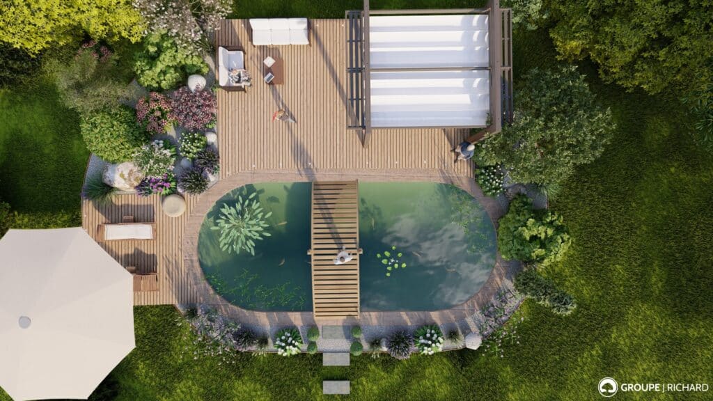 Conception d'un jardin avec un bassin naturel par les paysagistes du Groupe J.Richard