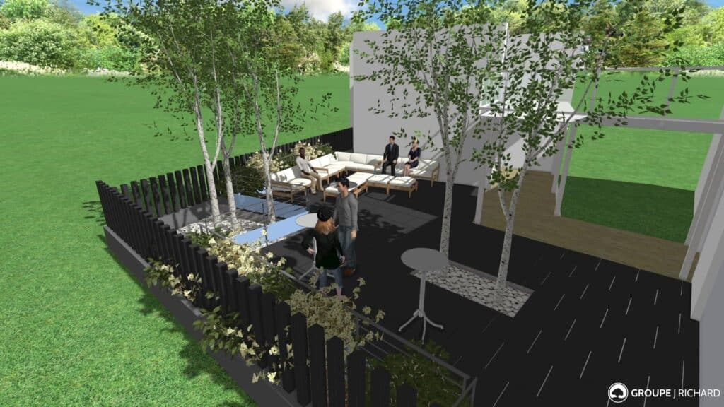 Conception de patio et terrasse d'entreprise par les paysagistes du Groupe J.Richard